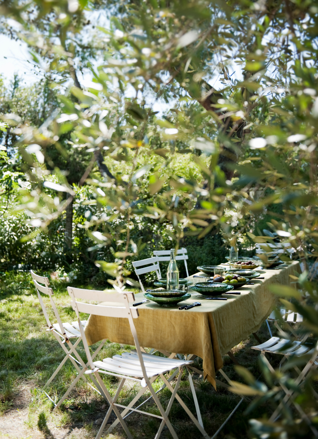 trees a table is laid for lunch in the garden. Featured in Shauna Varvel's PROVENCE STYLE. #interiordesign #frenchcountry #oldworldstyle