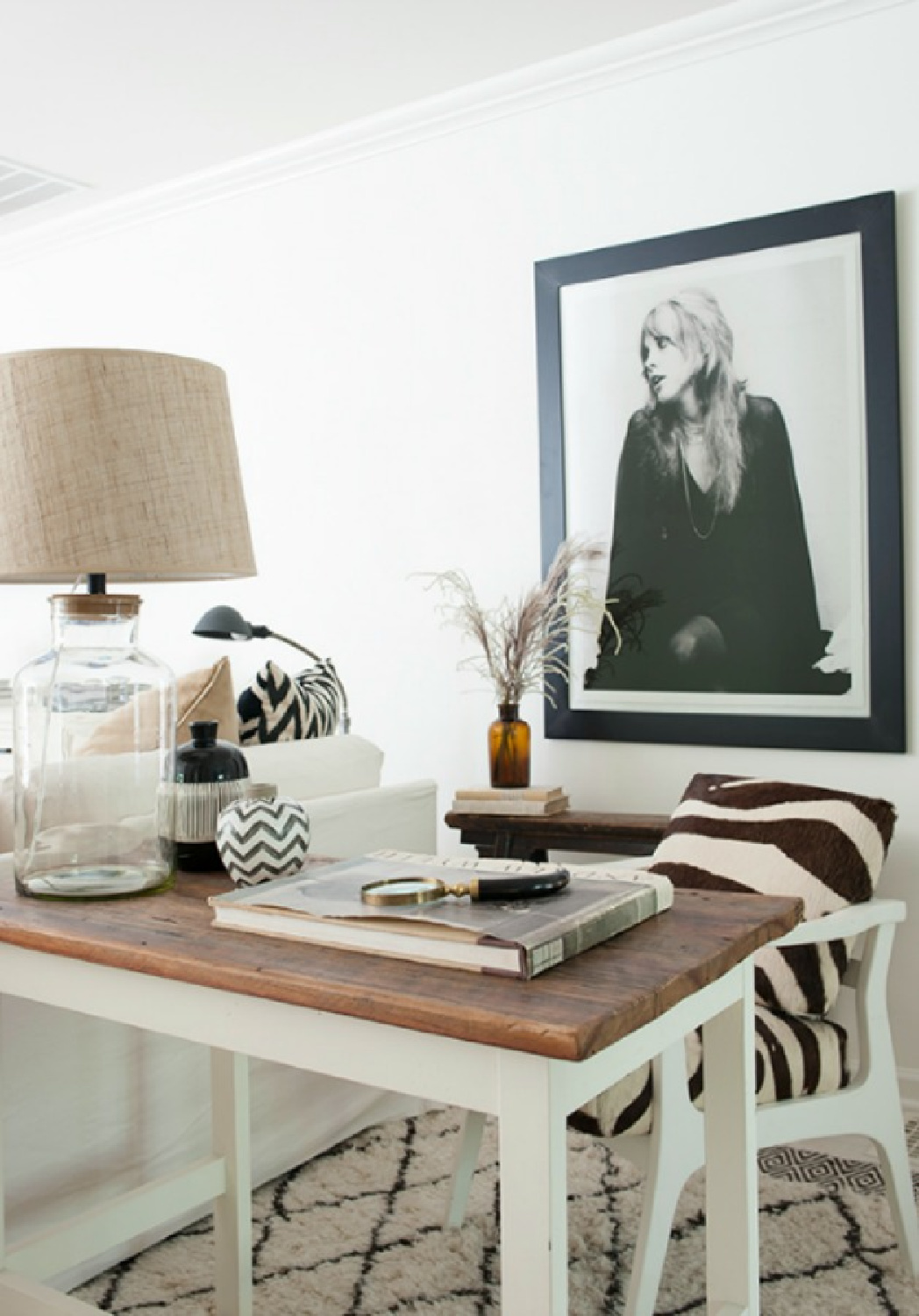 Modern rustic home office of Sherry Hart with Stevie Nicks framed print and zebra cushion. #homeoffices #benjaminmoorewhitedove