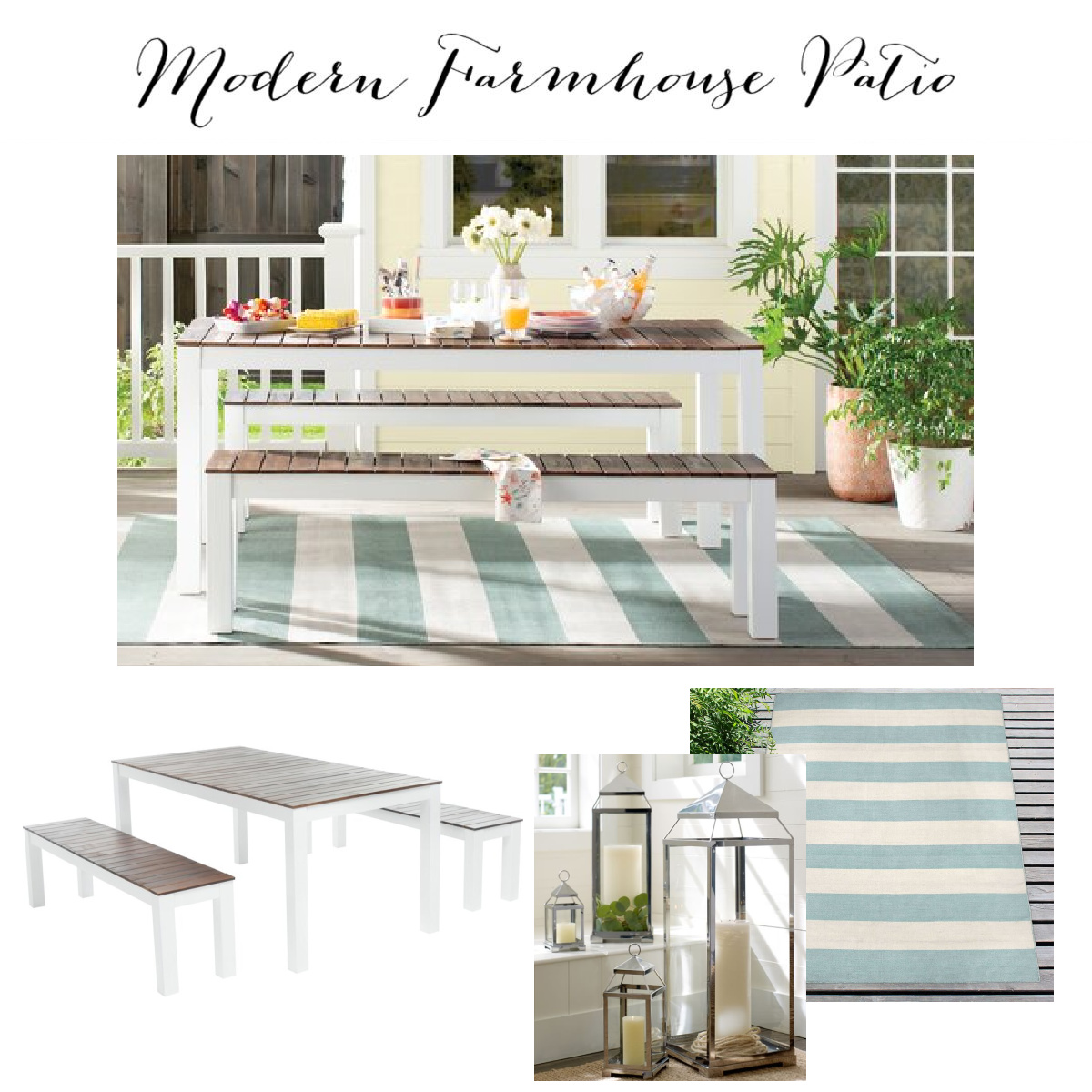 Coastal modern farmhouse outdoor patio mood board banner on Hello Lovely Studio. #patiofurniture #modernfarmhouse #coastalstyle