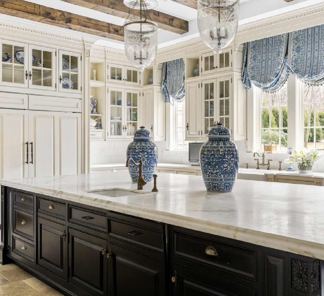 Magnificent traditional French country kitchen with blue and white accents - The Enchanted Home. #frenchkitchen #frenchcountrykitchen