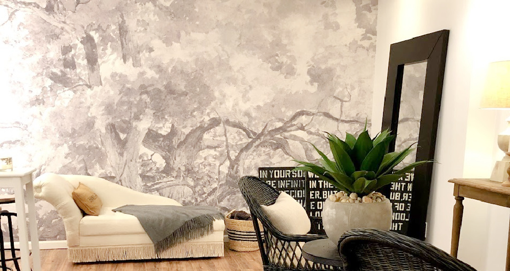 Beautiful wallpaper mural with grey and white tree landscape - Hello Lovely Studio.