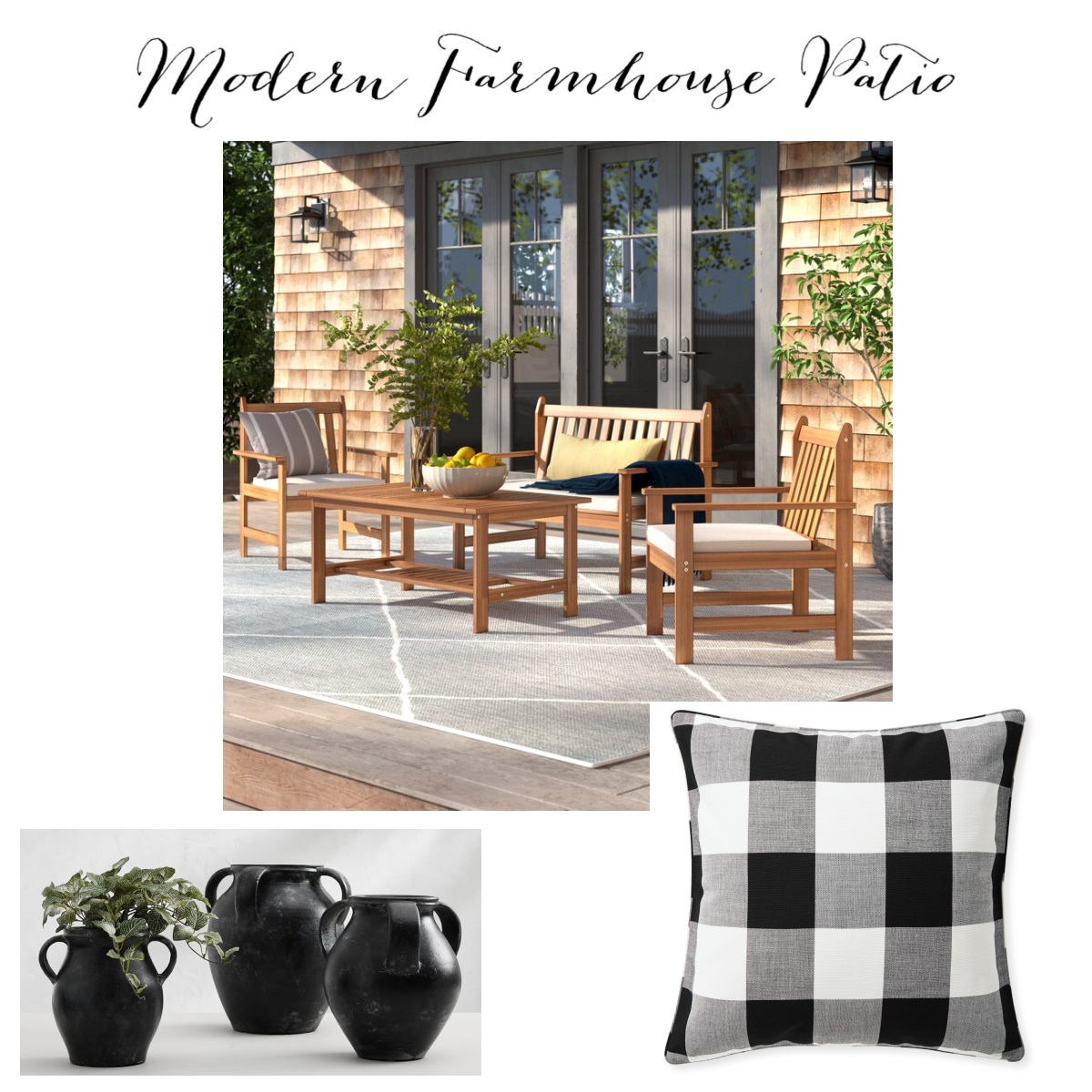 Modern Farmhouse Patio ideas with black, gingham, and wood furniture on Hello Lovely Studio. #modernfarmhouse #patiofurniture
