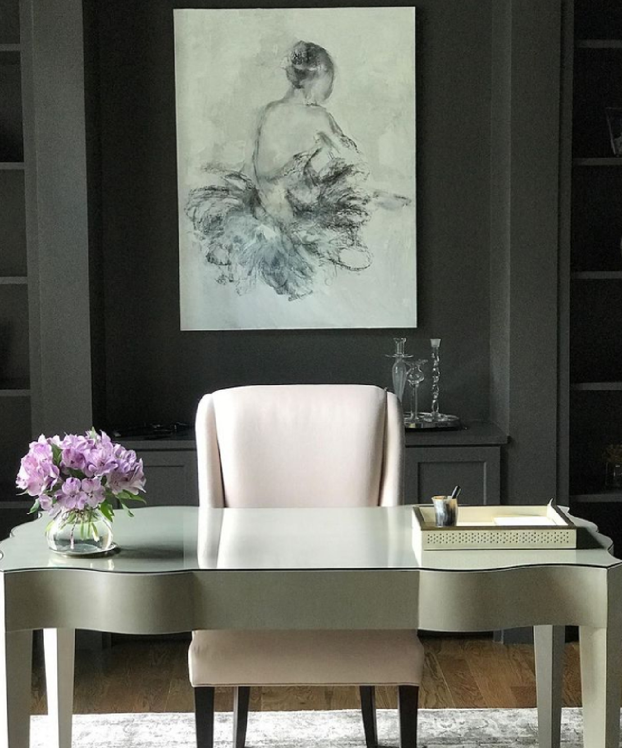 SW Urbane Bronze painted walls in an elegant office with ballerina print - Sherry Hart. #urbanebronze