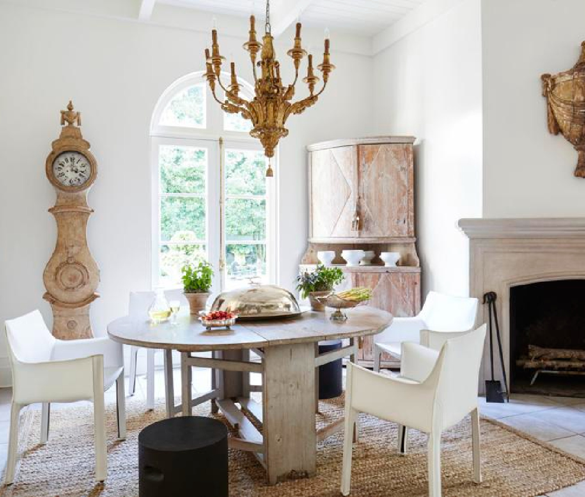 Tara Shaw's kitchen with Swedish antique table, antique French chandelier, and European treasures. #tarashaw #oldworldstyle