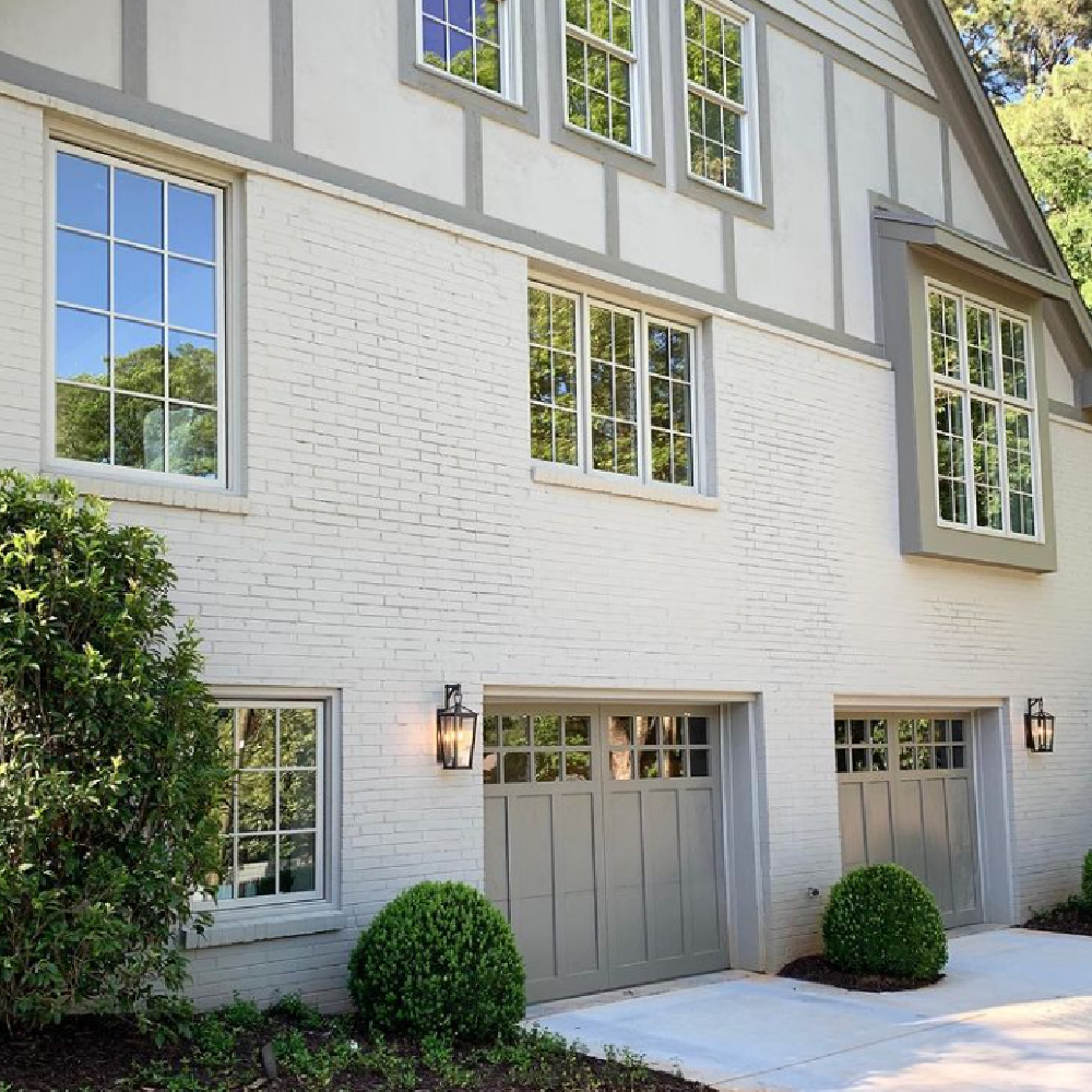 Benjamin Moore Balboa Mist painted brick house exterior - Ladisic Fine Homes & Sherry Hart. #balboamist #paintcolors #houseexteriors