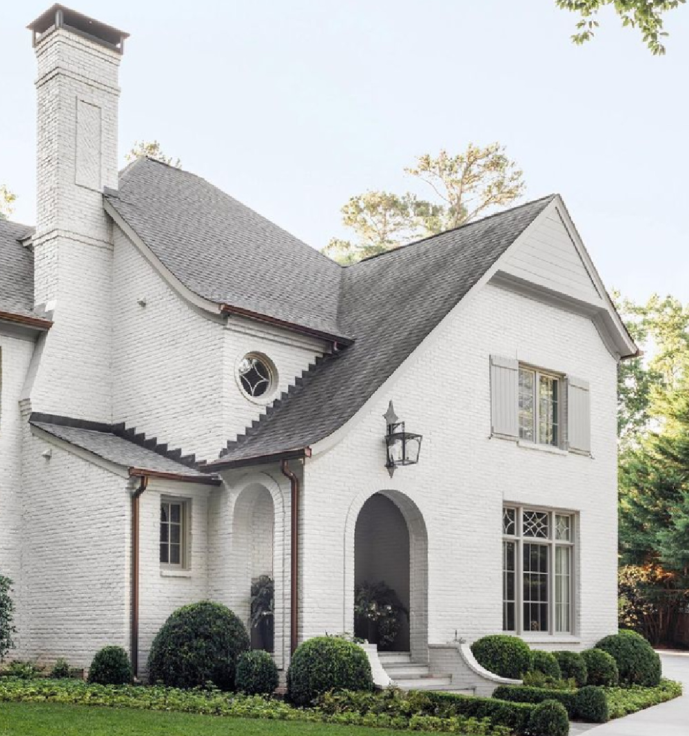 Benjamin Moore Balboa Mist painted brick house exterior - Ladisic Fine Homes & Sherry Hart. #balboamist #paintcolors #houseexteriors