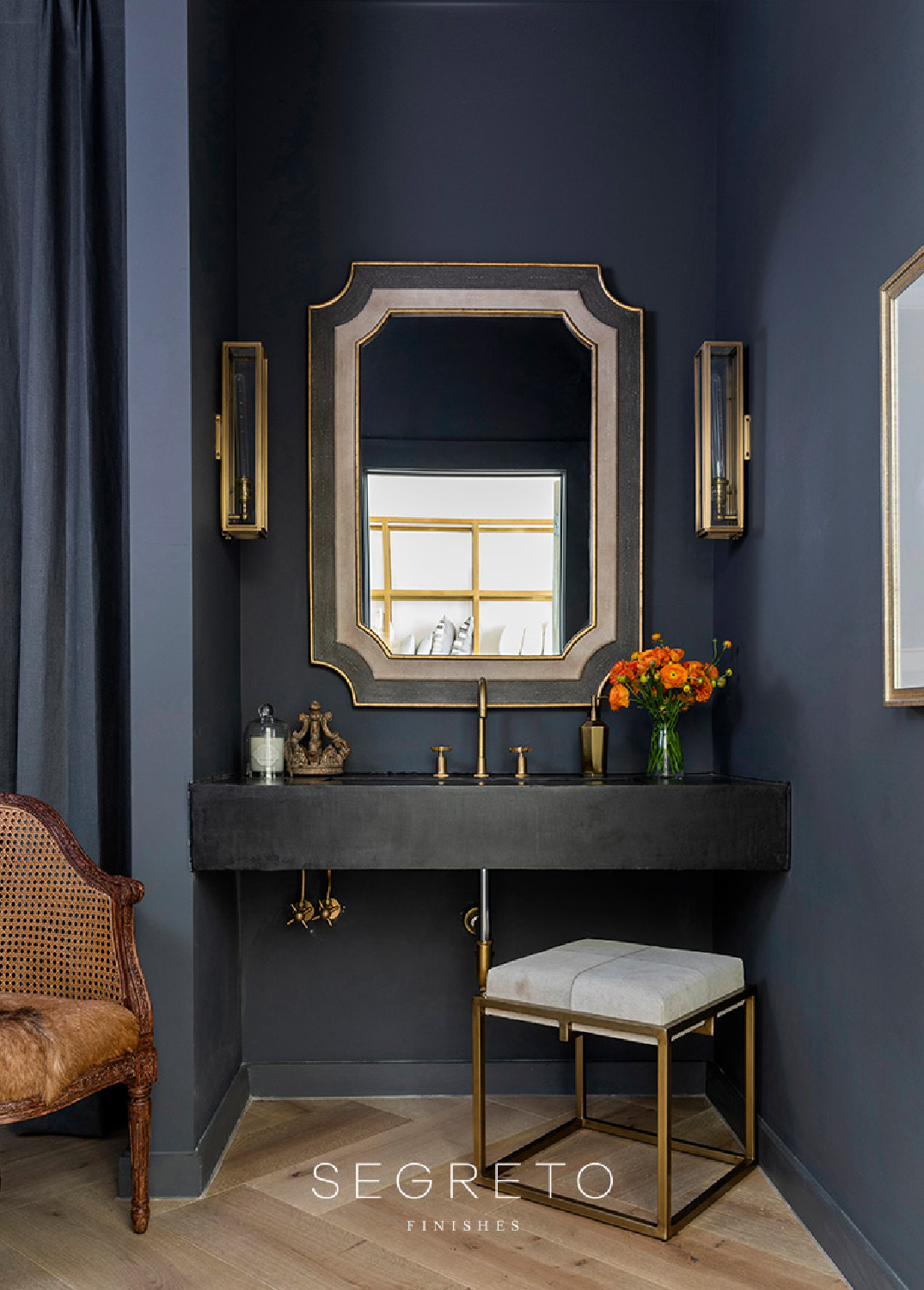 Elegant and moody slate blue powder room bath with impeccable finishes - Segreto Finishes. #slateblue #powderrooms #oldworldstyle #sophisticateddecor