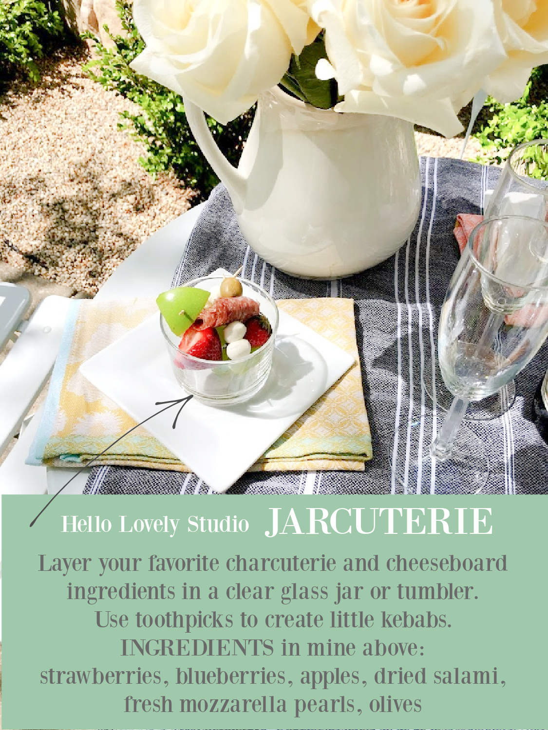 Jarcuterie easy idea for individual charcuterie jars and spring brunch with Frenchy style - Hello Lovely Studio.
