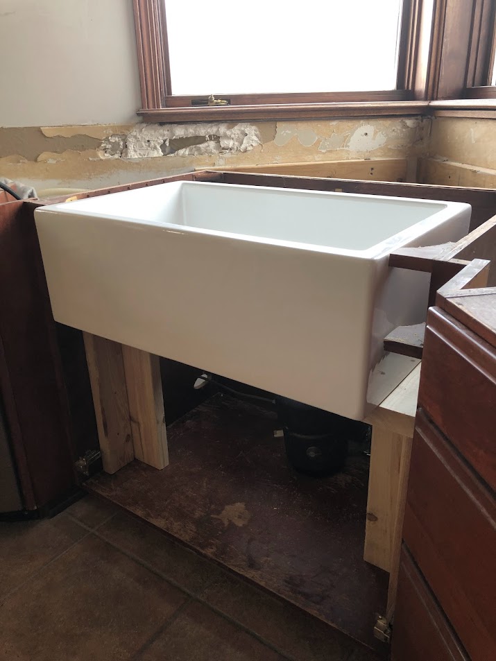 Farm sink during kitchen renovation.