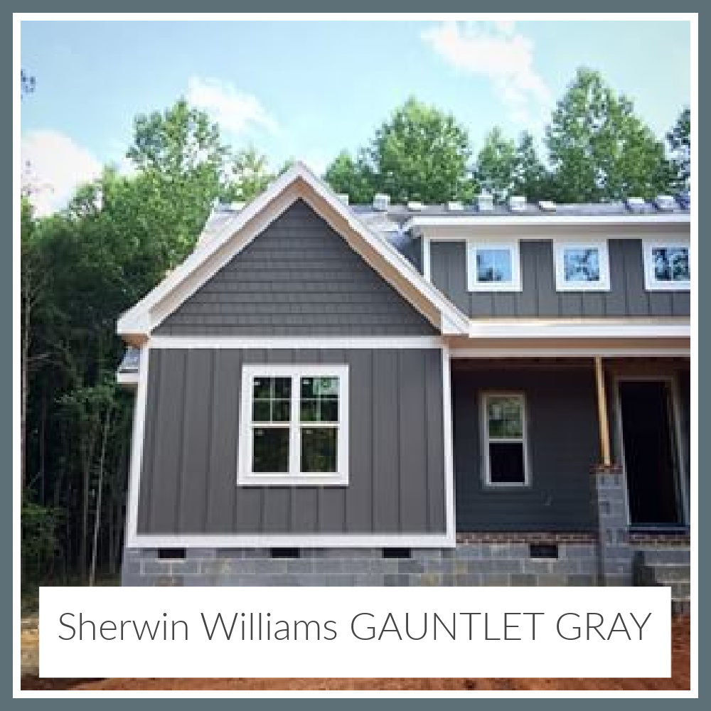 Gauntlet Gray Sherwin Williams paint color on a house exterior - (The Gray Cottage). #gauntletgray #graypaintcolors #paintcolors #sherwinwilliamsgauntletgray