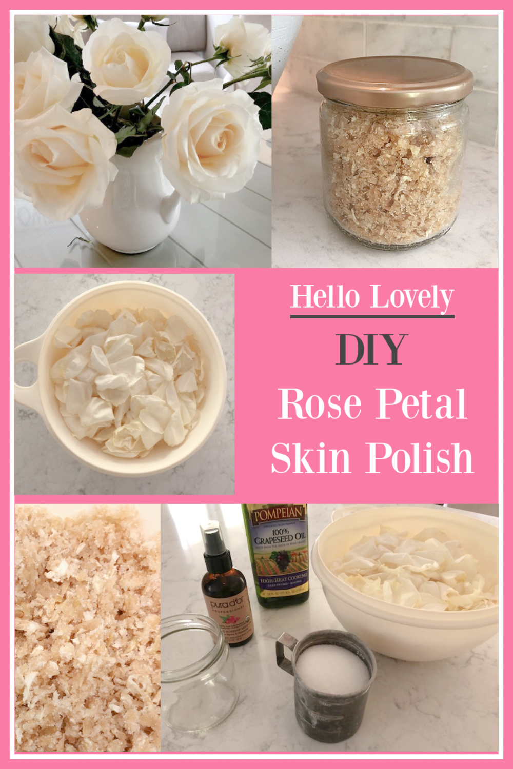 Hello Lovely DIY Rose Petal Skin Polish Recipe - come get the details for making a gentle sugar scrub with fresh rose petals. #sugarscrub #diy #rosepetals