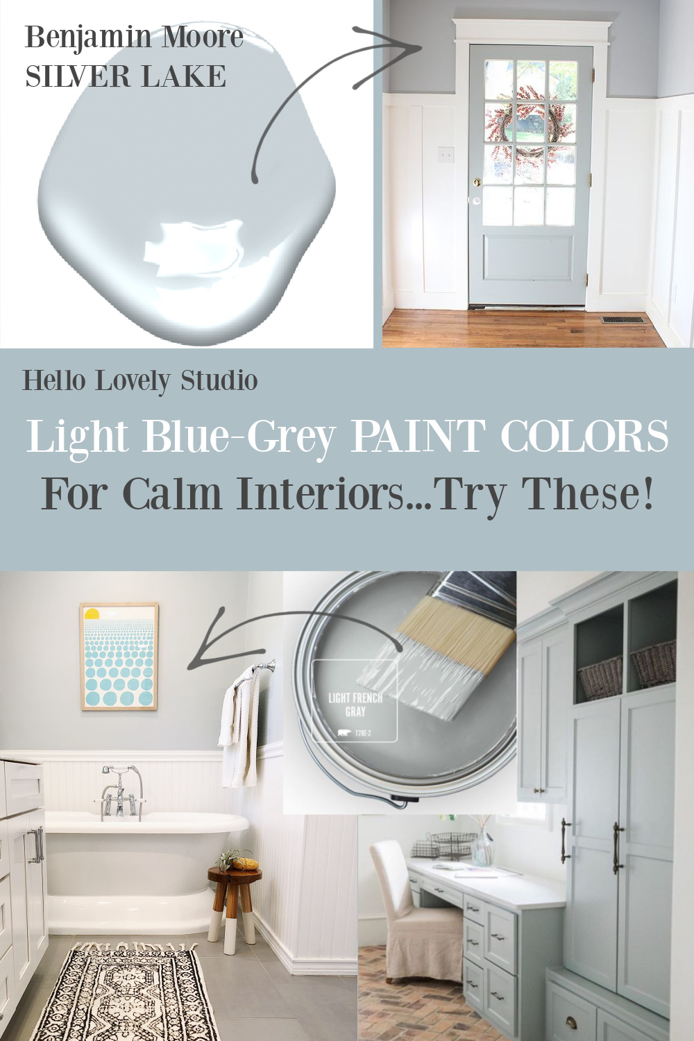 Light grey paint colors for calm interiors - try these on Hello Lovely! #paintcolors #bluegray #greyblue #greypaintcolors