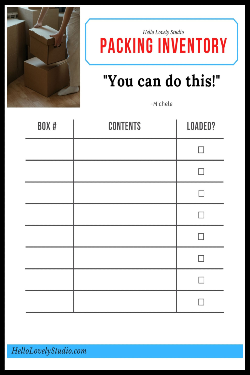 Packing Inventory form to list boxes, content, and loading info - a free printable with moving tips - Hello Lovely Studio. #packinginventory #moving #relocation #printable