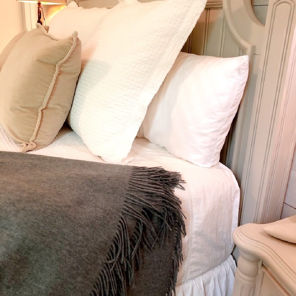 Grey cashmere throw with fringe on my bed - Hello Lovely. #cashmerethrow