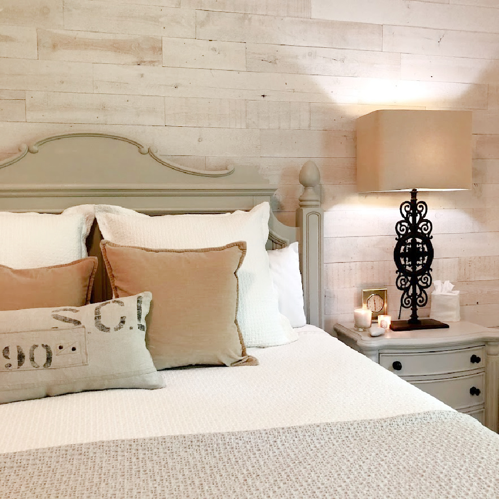 Soothing and serene neutral bedroom with European country cottage style and Stikwood planked wall - Hello Lovely. Furniture is painted #reverepewter