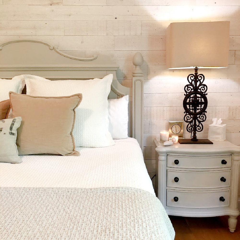 Soothing and serene neutral bedroom with European country cottage style and Stikwood planked wall - Hello Lovely. Furniture is painted #reverepewter