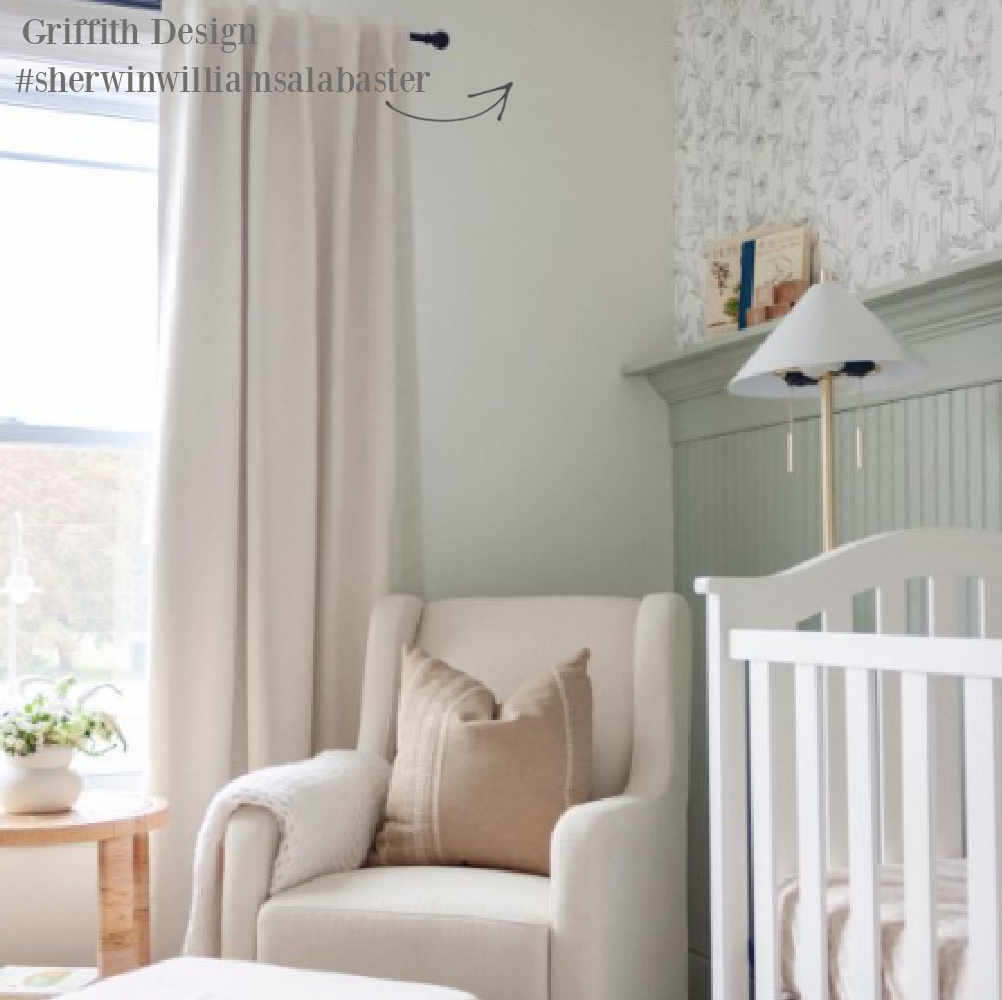 SW Alabaster paint color in calm tranquil nursery with a gray painted wainscot (Austere Gray). #swalabaster #sherwinwilliamsalabaster #paintcolors