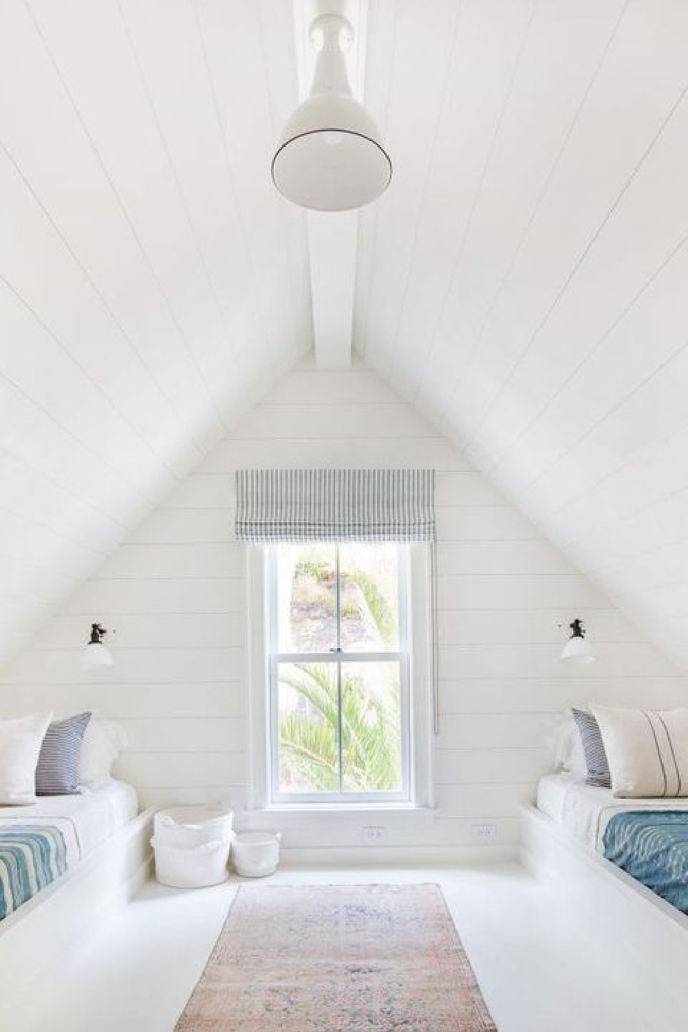 Farrow & Ball All White paint color in a bedroom in an attic bedroom with shiplap and built-in beds. Come Tour 16 Soothing Paint Colors for a Tranquil Bedroom Retreat!