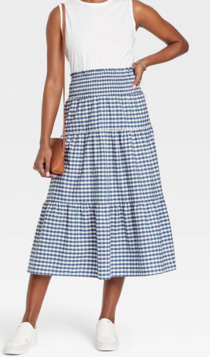 Blue gingham high rise midi prairie skirt for women - Target.