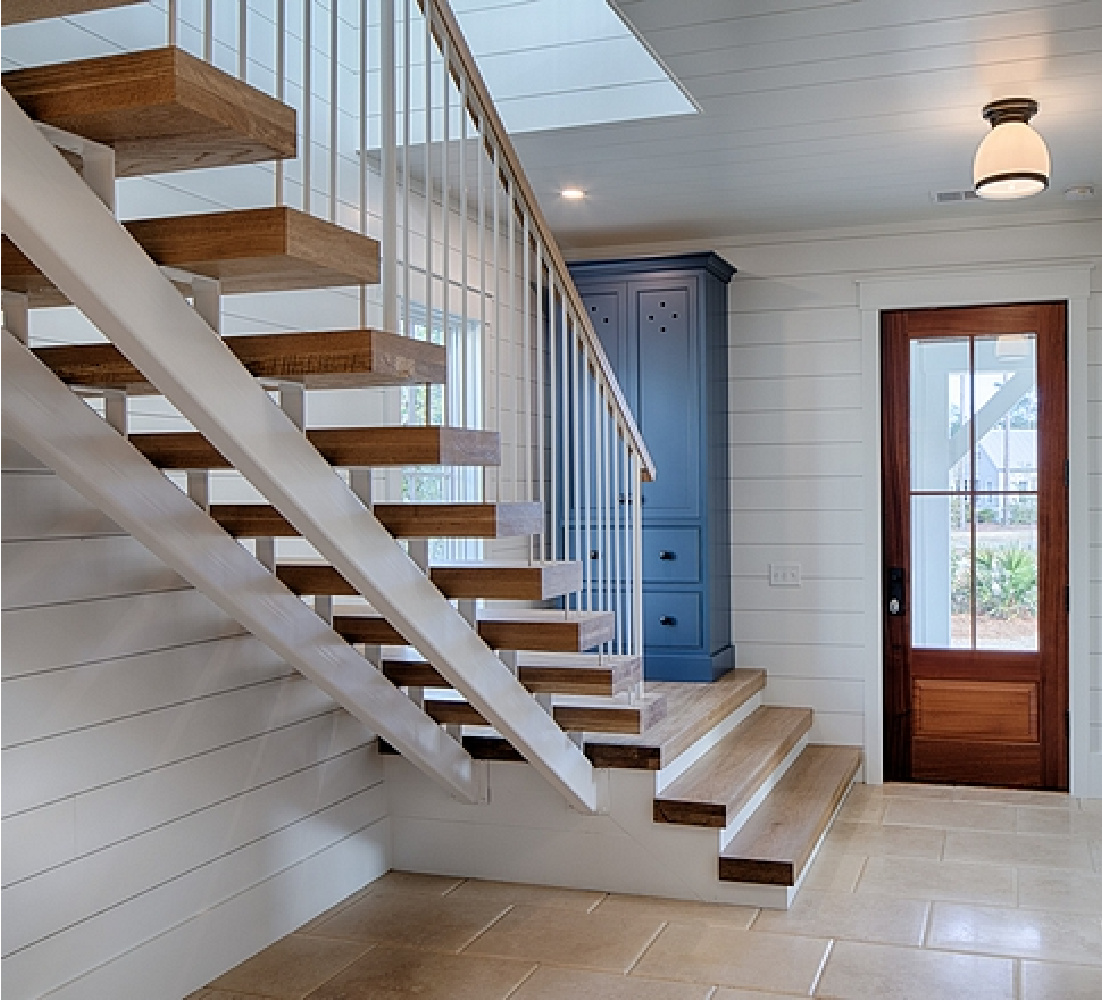 BM Andes Summit painted built-in cabinet in a lovely white coastal cottage in Palmetto Bluff by Lisa Furey. #bmandessummit #bluepaintcolors