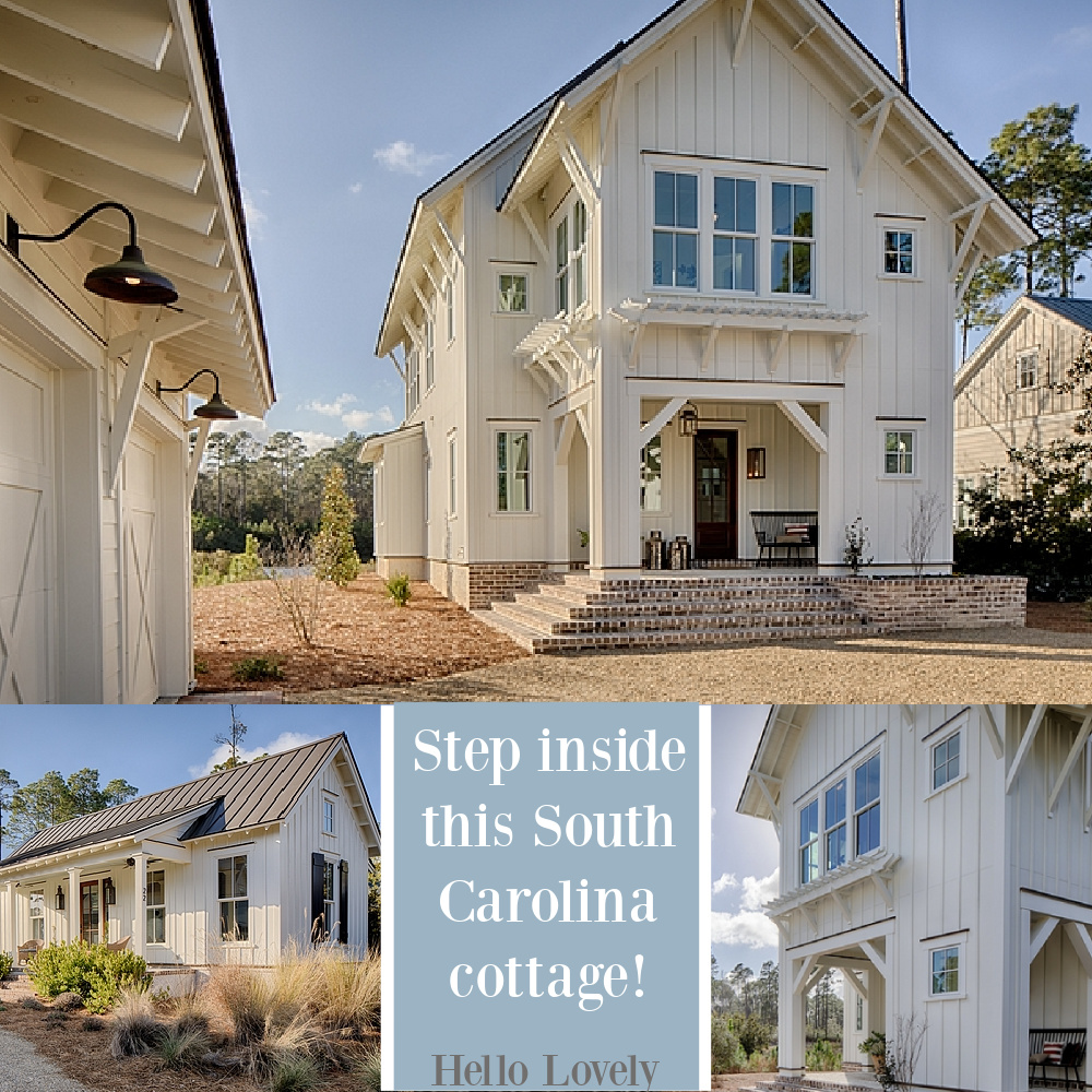 White coastal cottage in South Carolina - come find the name of the paint color used inside and out by designer Lisa Furey - Hello Lovely Studio. #coastalcottage #whitepaintcolors #exteriorpaintcolors