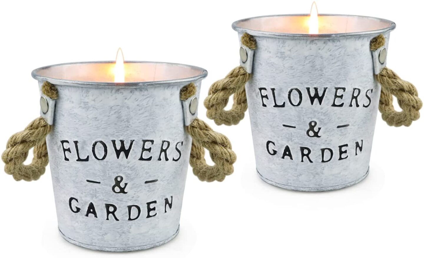 Outdoor citronella candles in farmhouse metal containers with "Flowers & Garden" on front.