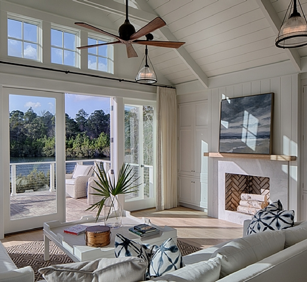 Great room in a board and batten coastal cottage in Palmetto Bluff with modern farmhouse interior design by Lisa Furey.