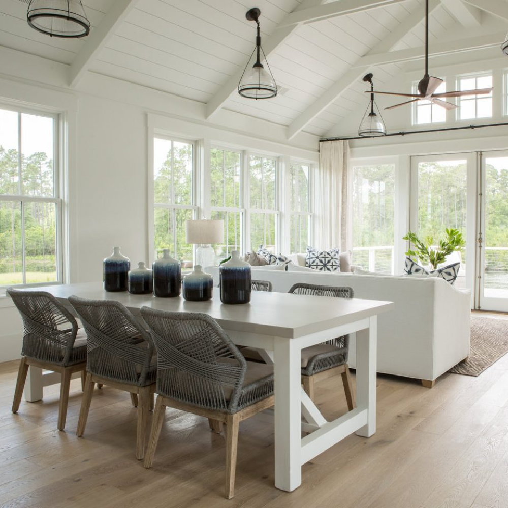 Great room in board and batten coastal cottage in Palmetto Bluff with modern farmhouse interior design by Lisa Furey.