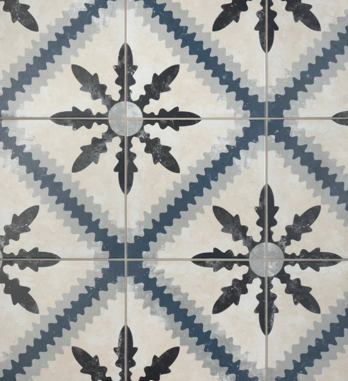 Encaustic look porcelain wall and floor tile.