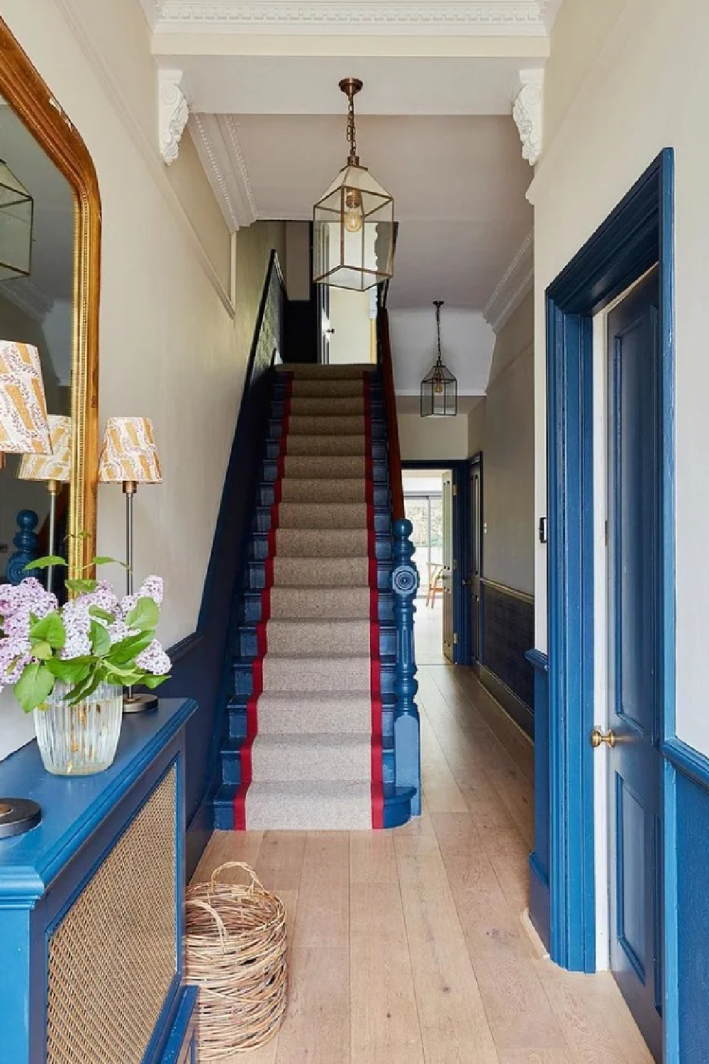 Hague Blue (Farrow & Ball) painted trim in beautiful Victorian entry - LauraStephensId. #hagueblue #fbhagueblue