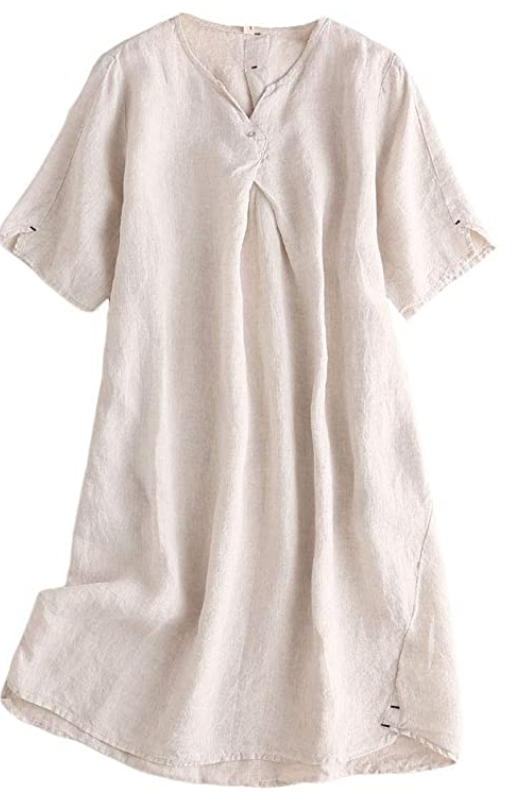 Loose fit linen dress with v-neck. #fashionover50 #linendresses #over50fashion