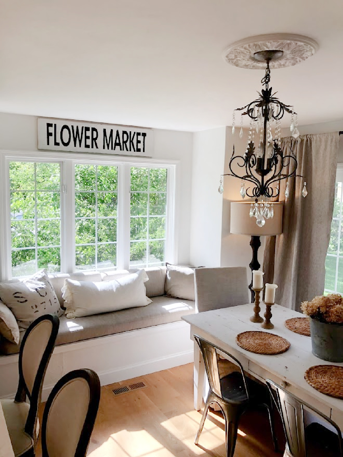 Serene European country inspired breakfast nook in my kitchen with Belgian linen - Hello Lovely Studio.