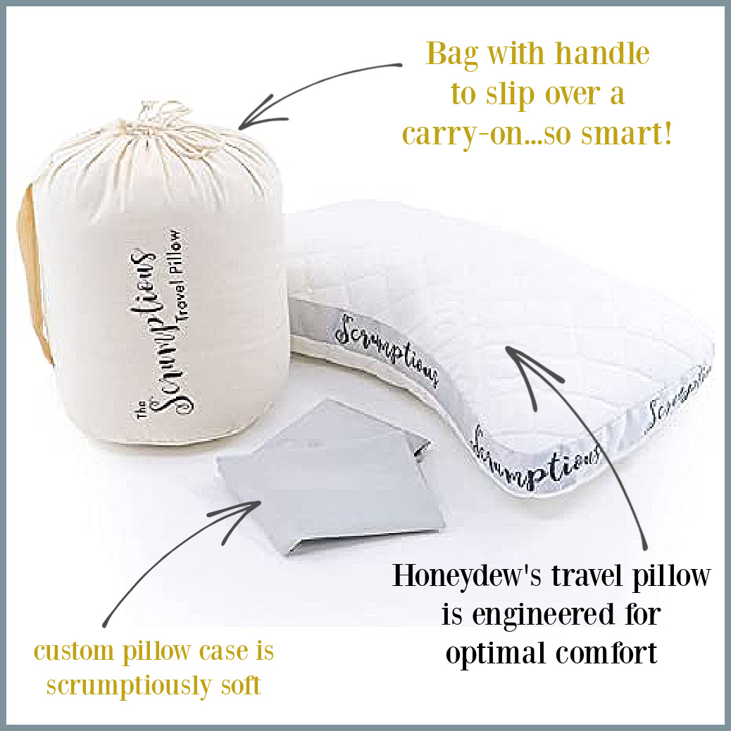 Honeydew Scrumptious travel pillow comes with a custom case, carrying bag and genius engineering! #luxurypillow #travelpillows