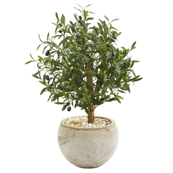 Nearly Natural olive tree in rustic white pot with white stones