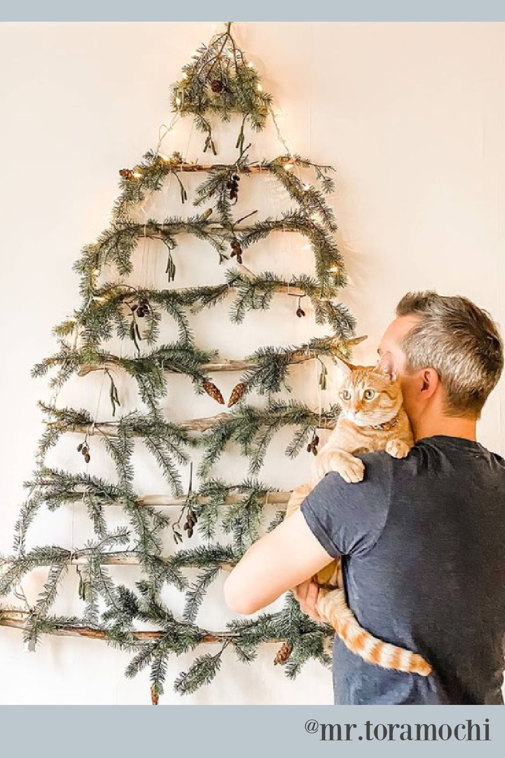 Driftwood Christmas tree decor on a wall with fresh greenery and owner holding Tabby cat - @mr.toramochi. #driftwoodtree #christmastrees #catchristmas