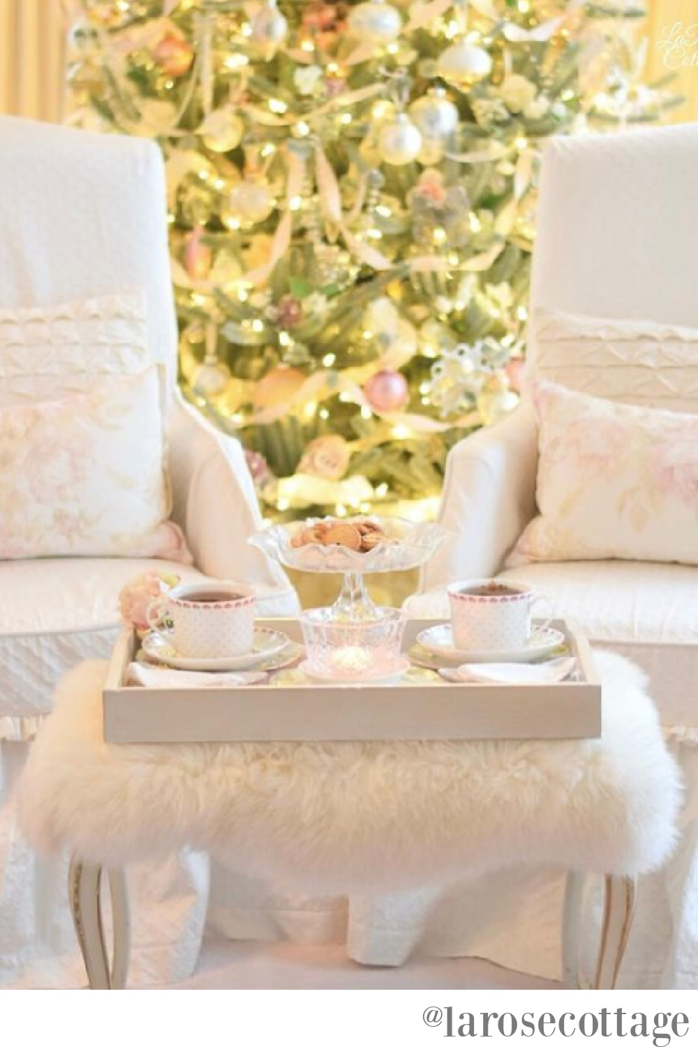 Romantic and pastel Christmas tree in an elegant living room - Lara Rose Cottage. #christmastrees #christmasdecor #frenchcountrychristmas