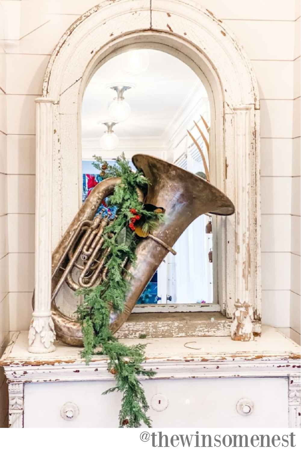 Tuba decorated for Christmas in a shabby chic home - The Winsome Nest. #christmasdecor #frenchcountrychristmas
