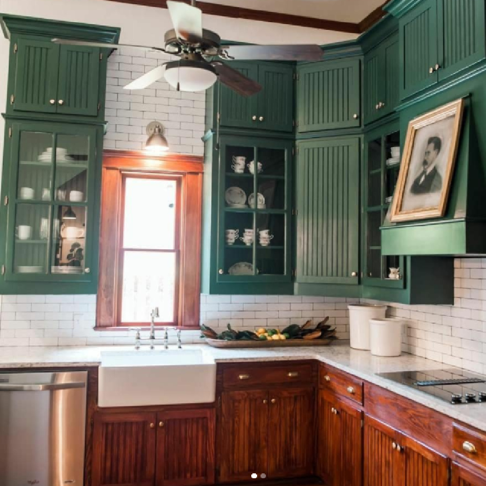 Tarrytown Green paint color (Benjamin Moore) on upper kitchen cabinets from HGTV Hometown with the Napiers. #tarrytowngreen #greenpaintcolors #greenkitchen