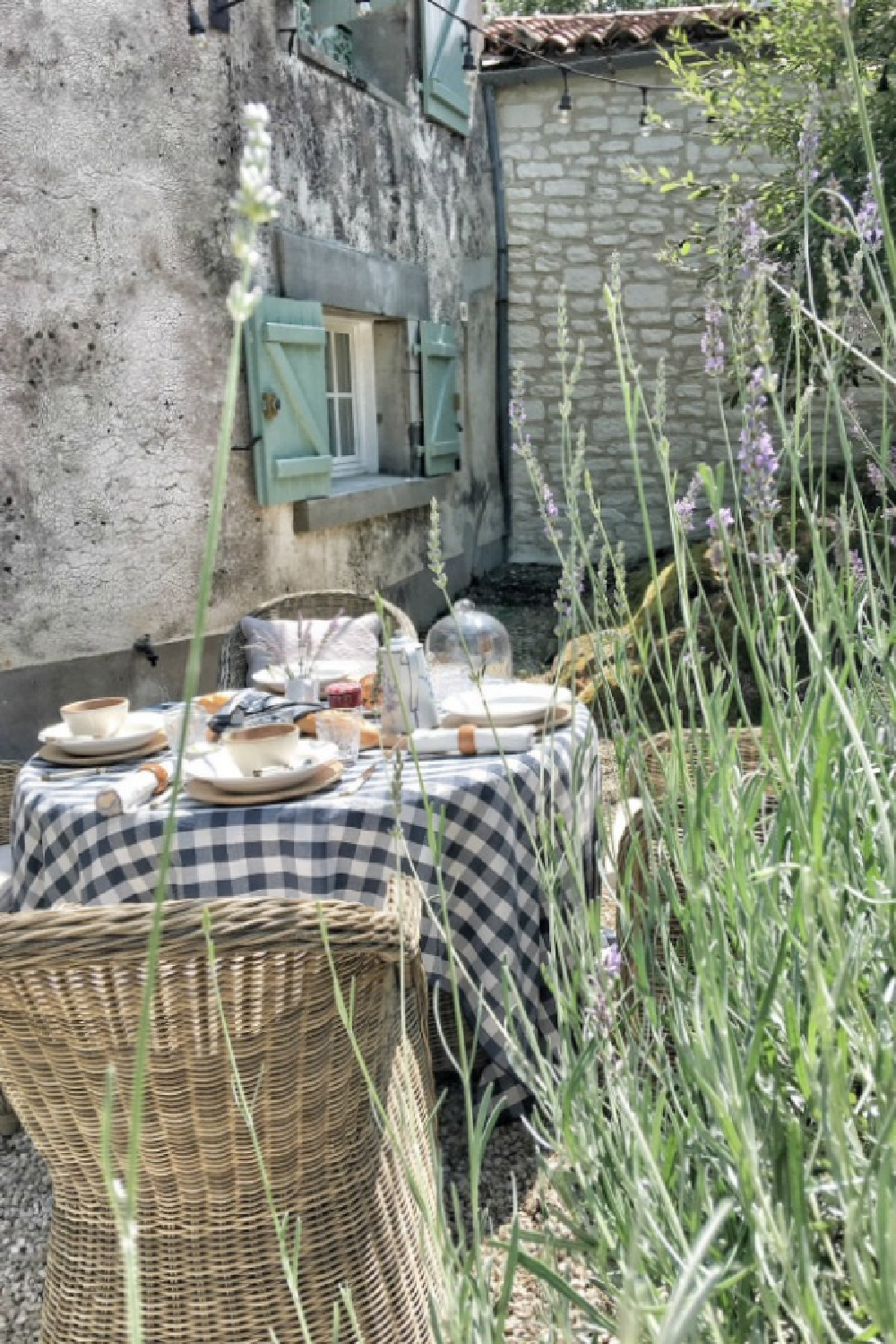 Outdoor dining tablescape with blue and white check tablecloth at a French farmhouse - Vivi et Margot.
