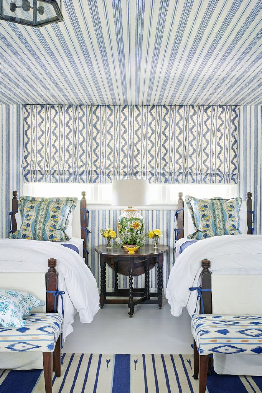 Mark Sikes designed twin guest room with Sister Parish blue wallpaper and classic American design. #bluebedrooms #marksikes