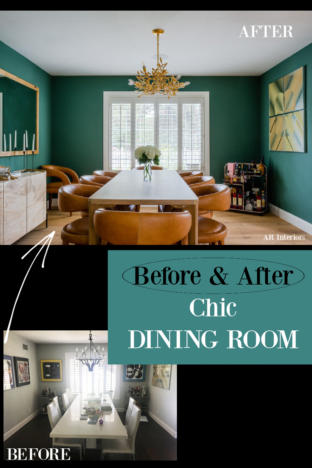 Before & After Chic Dining room with teal walls and modern leather chairs - AR Interiors (Anna Rosemann). #diningrooms #beforeandafter #tealwalls