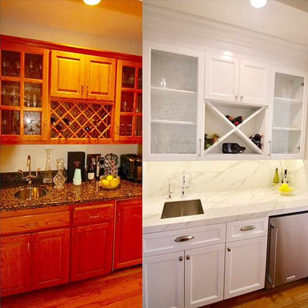 Before and after bar area after white paint - AR Interiors (Anna Rosemann). #beforeandafter #remodel