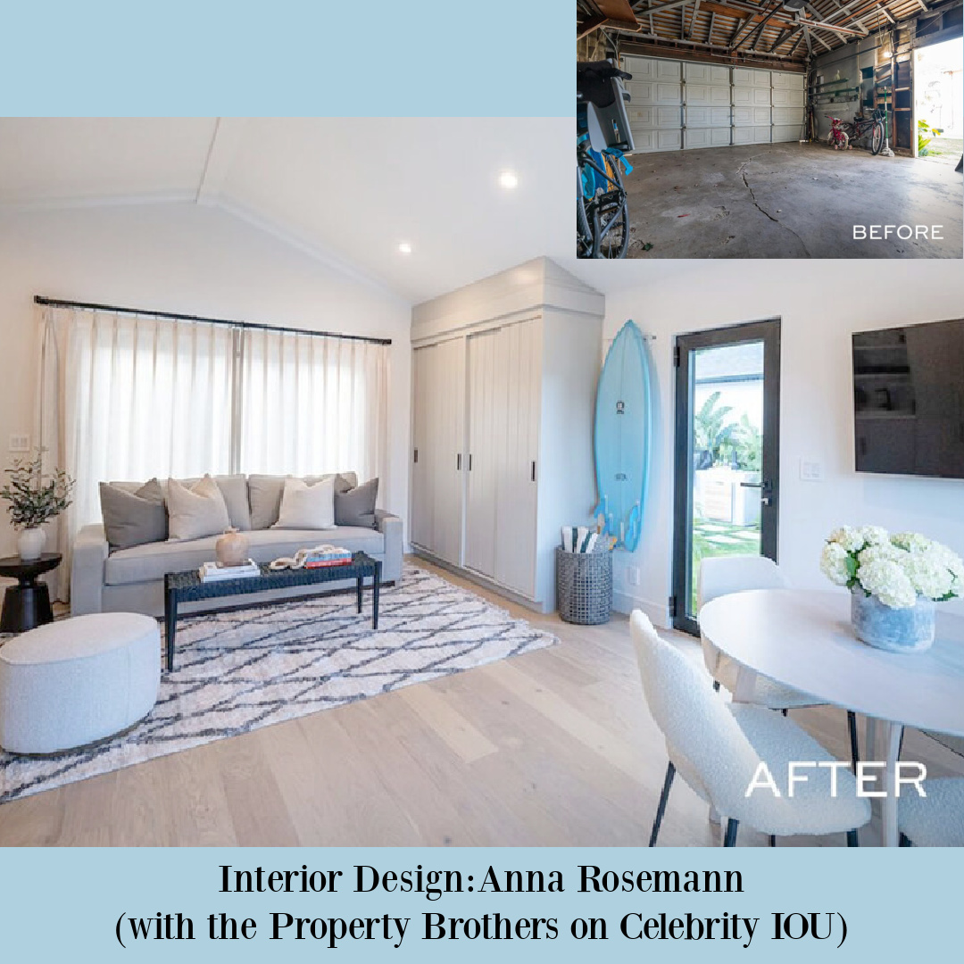 Garage makeover on Celebrity IOU Property Brothers with Darren Criss and design by Anna Rosemann. #beforeafter #celebrityiou #garageconversion #renovation