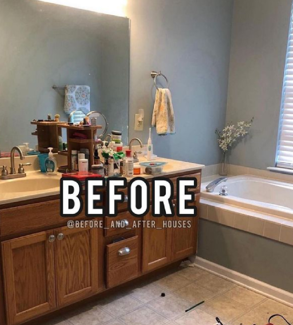 before builder's grade bathroom with oak vanity