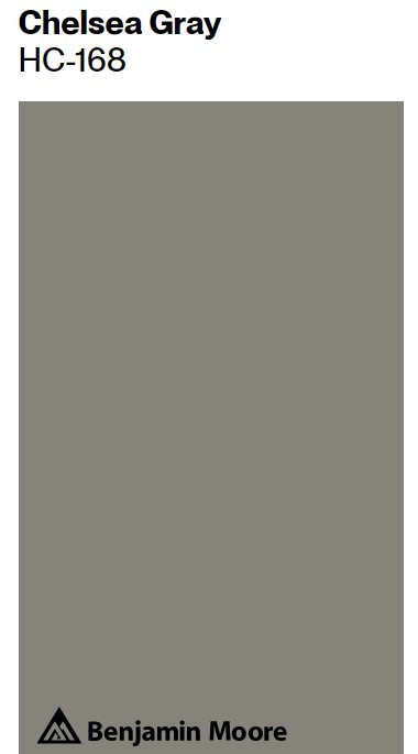 Benjamin Moore Chelsea Gray paint color swatch. #benjaminmoorechelseagray