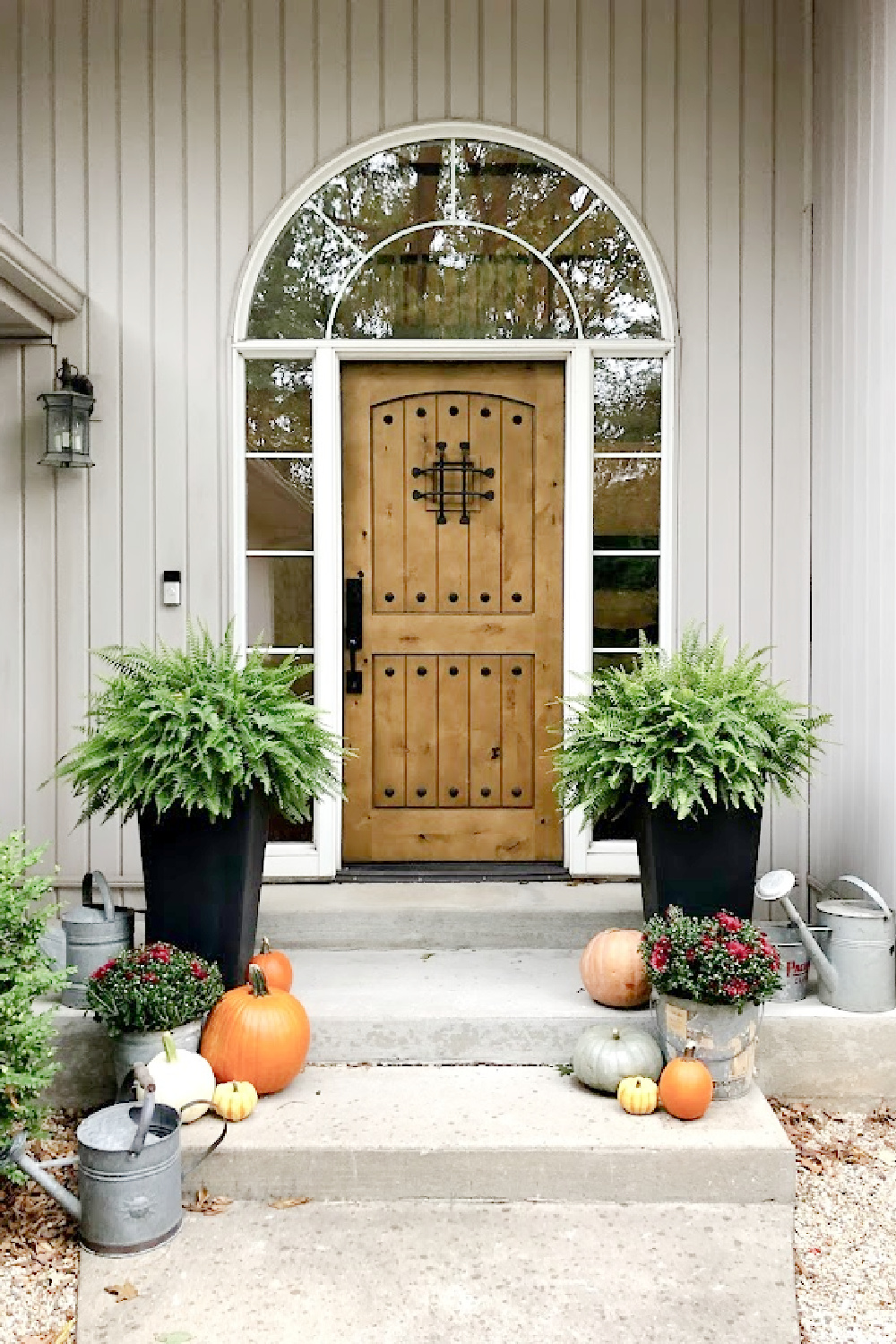 Pumpkins, mums in vintage galvanized buckets, and ferns on my fall front porch. Front door is rustic alder - Hello Lovely. #fallporch