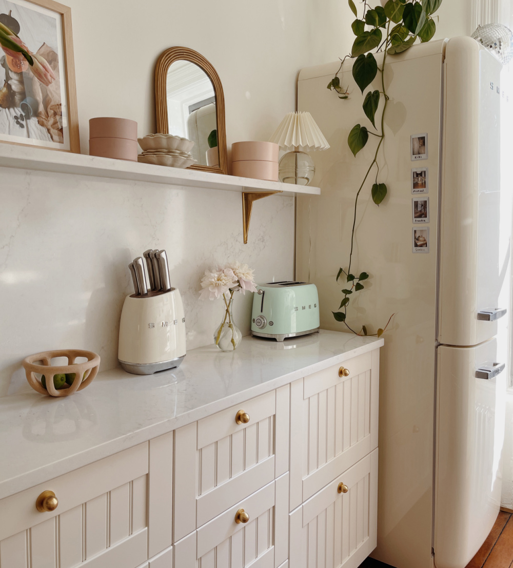 Gorgeous Nieu Cabinet Doors in ReserveHome's Brooklyn Brownstone remodeled kitchen. #customkitchen #cabinetrefacing #kitchenremodel #beforeandafter