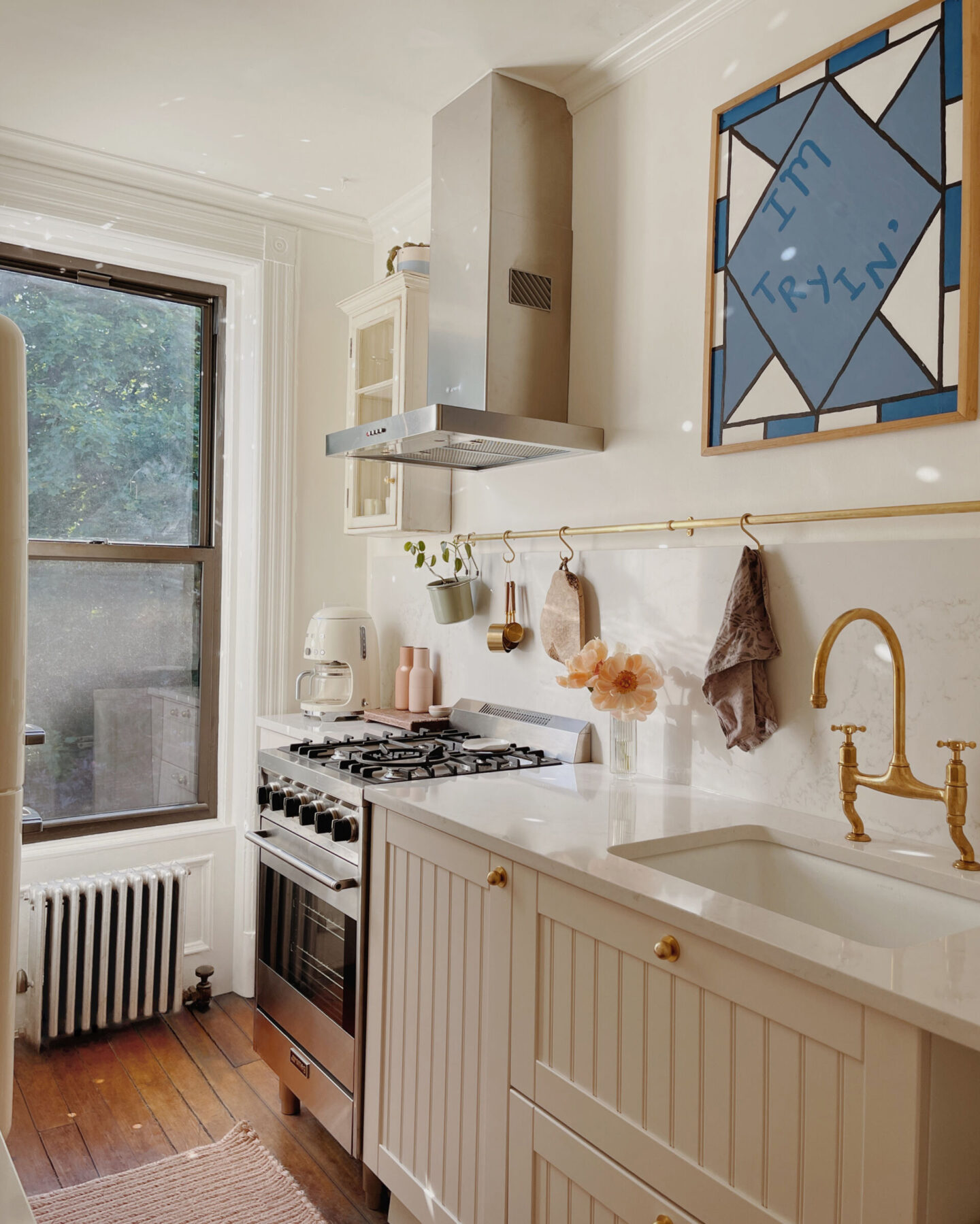 Gorgeous Nieu Cabinet Doors in ReserveHome's Brooklyn Brownstone remodeled kitchen. #customkitchen #cabinetrefacing #kitchenremodel #beforeandafter