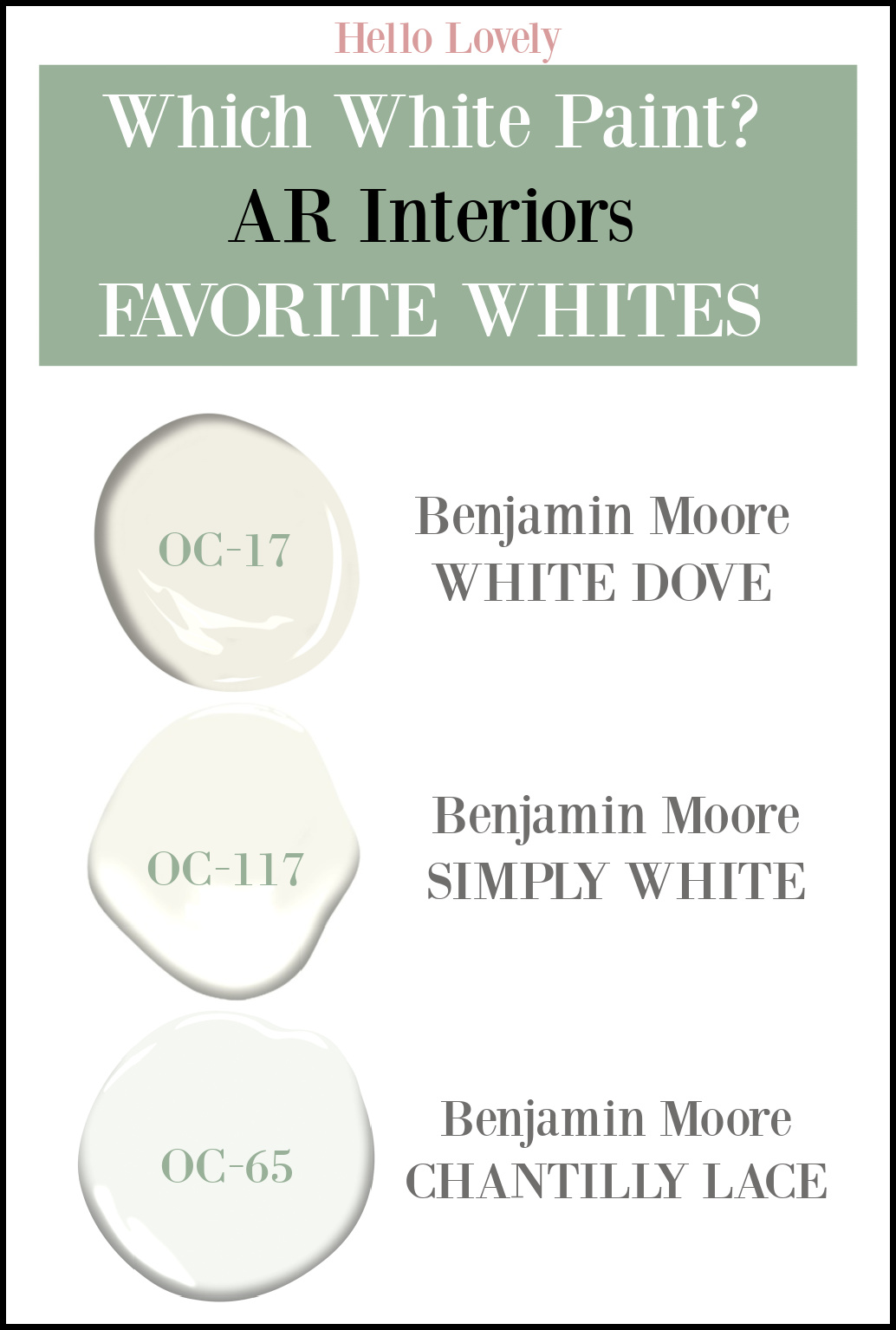 Which White Paint Color? AR Interiors Favorite Whites include Benjamin Moore White Dove, Simply White and Chantilly Lace. #whitepaintcolors