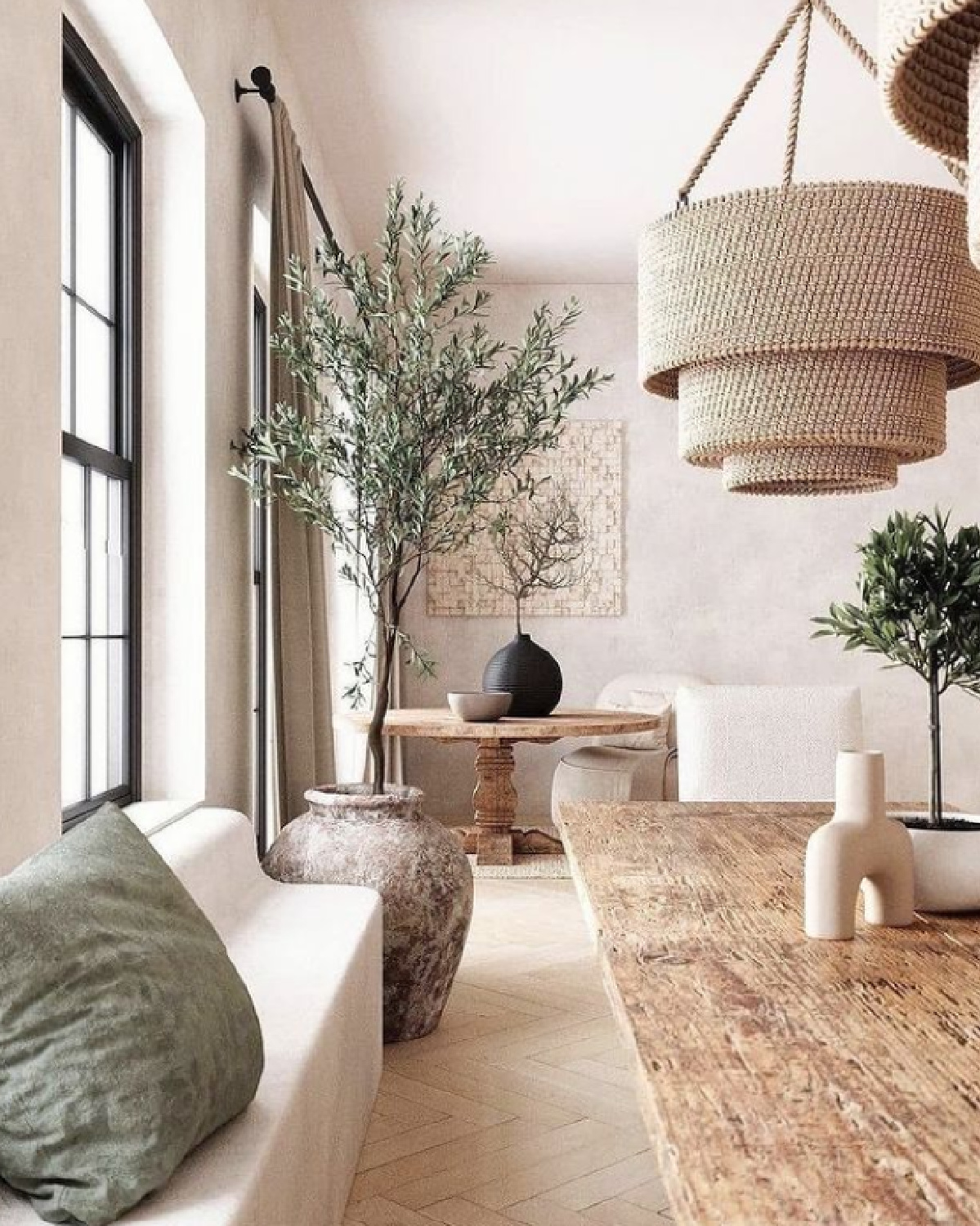 Serene, organic, neutral minimal modern European interior with woven pendant and potted tree - @arbitare_studio.